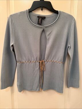 BCBG MaxAzria Blue Fine Knit Cardigan-Suede Leather Tie-Waist- Small NWOT